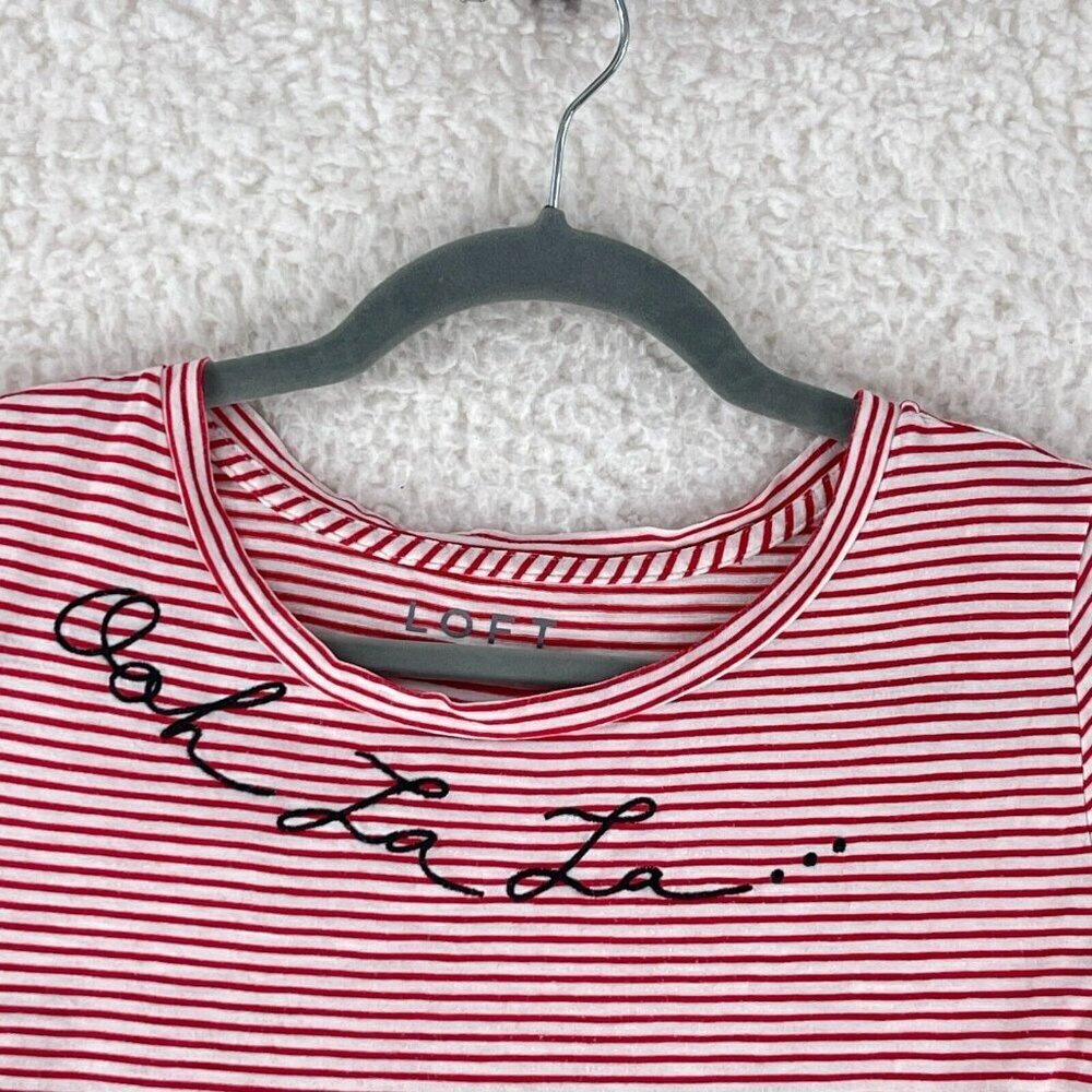 LOFT Vintage Soft Red Striped Shirt Womens Embroidered Short Sleeve Size Small - Picture 6 of 14